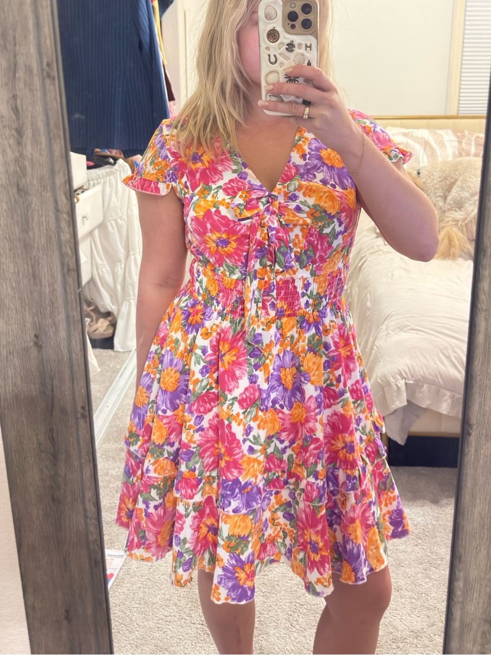 Floral Tie-Front Short Sleeve Sundress - Pink, Purple & Orange